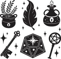 Mystical symbols collection featuring a plant pot feather candle key d20 die and pentagram wand vector