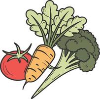 A vibrant cartoon illustration features a red tomato an orange carrot with green leaves and a green broccoli floret vector