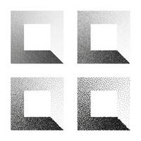 Square shaped dotted objects, stipple elements. Stippling, dotwork drawing, shading using dots. Pixel disintegration, halftone effect. White noise grainy texture. Fading gradient. illustration vector