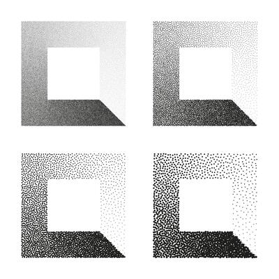 Square shaped dotted objects, stipple elements. Stippling, dotwork drawing, shading using dots. Pixel disintegration, halftone effect. White noise grainy texture. Fading gradient. illustration