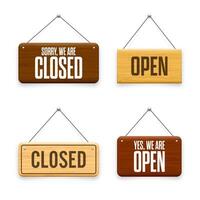 Wooden open or closed hanging signboards. Made of wood door sign for cafe, restaurant, bar or retail store. Announcement banner, information signage for business or service. illustration vector