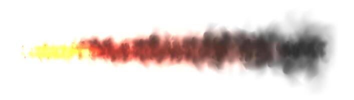 Realistic black smoke with fire, space rocket launch trail. Fire burst, explosion. Missile or bullet trace. Jet aircraft track. Smoke clouds, fog. Steam flow. illustration vector