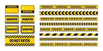 Various quarantine zone warning tapes and shields. Novel coronavirus outbreak. Global lockdown. Coronavirus danger stripe. Police caution line, restricted area. Construction tape. illustration vector