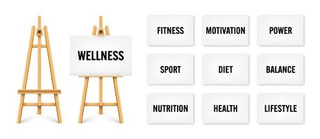Realistic paint desk with text on white canvas. Wooden easel and a sheet of drawing paper. Presentation board on a tripod. Wellness, healthy lifestyle and motivation. illustration vector
