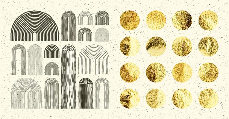 Mid century arch elements, modern geometric shapes. Gold foil, shiny handmade circles. Golden glittering texture, pattern. Contemporary design, minimalist art. Hand drawn lines. illustration