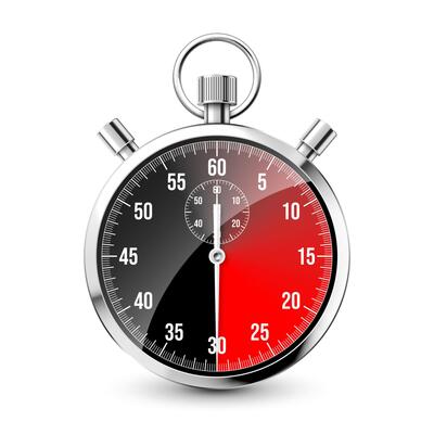 Realistic classic stopwatch. Shiny metal chronometer, time counter with dial. Red countdown timer showing minutes and seconds. Time measurement for sport, start and finish. illustration