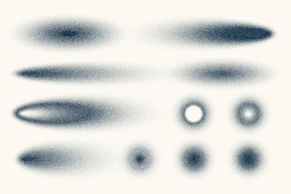 Stipple shadows set, vintage dotted design elements. Fading gradient. Stippling, dotwork drawing, shading using dots. Halftone disintegration effect. White noise grainy texture. illustration