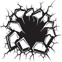 Cracked Wall Hole with Debris Black and White Destruction Illustration vector