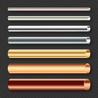 Steel and copper pipes collection. Construction material, pipeline. Industry and engineering. Polished metal texture with silver gradient. illustration vector