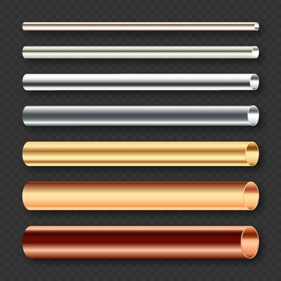 Steel and copper pipes collection. Construction material, pipeline. Industry and engineering. Polished metal texture with silver gradient. illustration