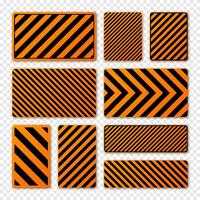 Various black and orange warning signs with diagonal lines. Attention, danger or caution sign, construction site signage. Realistic notice signboard, warning banner, road shield. illustration vector