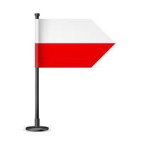 Polish table flag on a black steel pole. Souvenir from Poland. Desk flag made of paper or fabric and shiny metal stand. Mockup for promotion and advertising. illustration vector