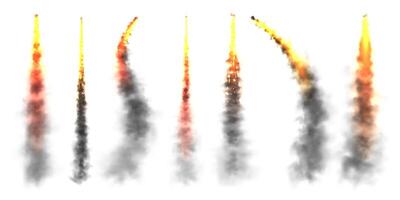 Realistic black smoke with fire, space rocket launch trails. Fire burst, explosion. Missile or bullet trail. Jet aircraft tracks. Smoke clouds, fog. Steam flow. illustration vector