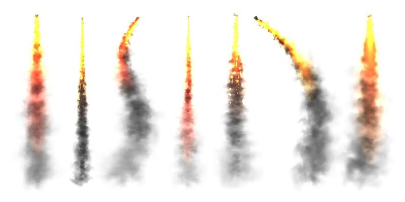 Realistic black smoke with fire, space rocket launch trails. Fire burst, explosion. Missile or bullet trail. Jet aircraft tracks. Smoke clouds, fog. Steam flow. illustration