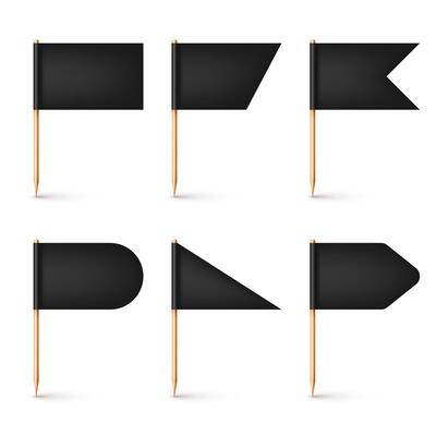 Realistic various toothpick flags. Wooden toothpicks with black paper flag. Location mark, map pointer. Blank mockup for advertising and promotions. illustration