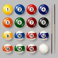 Colorful billiard balls and cues set vector