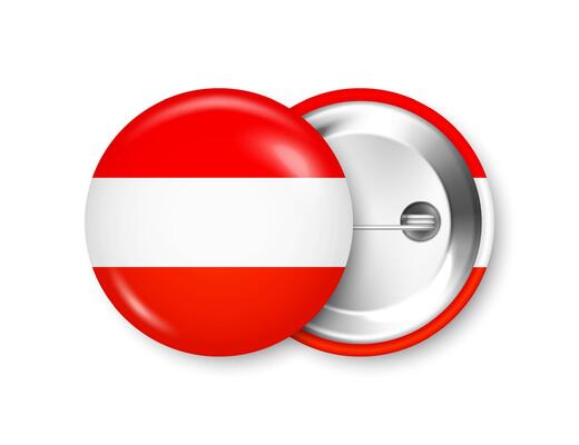 Realistic button badge with printed Austrian flag. Souvenir from Austria. Glossy pin badge with shiny metal clasp. Product mockup for advertising and promotion. illustration