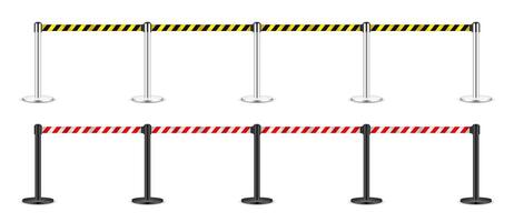 Realistic yellow and red retractable belt stanchion. Crowd control barrier posts with caution strap. Queue lines. Restriction border and danger tape. Attention, warning sign. illustration vector