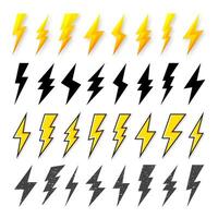 Black and yellow lightning bolt icons isolated on white background. Vintage flash symbol, thunderbolt with grunge texture. Simple lightning strike sign. illustration. vector