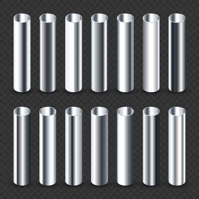 Steel pipes collection. Construction material, pipeline. Industry and engineering. Polished metal texture with silver gradient. illustration