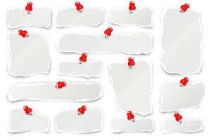 Ripped paper strips with red push pins. Realistic crumpled paper scraps with torn edges. Shreds of notebook pages. illustration. vector