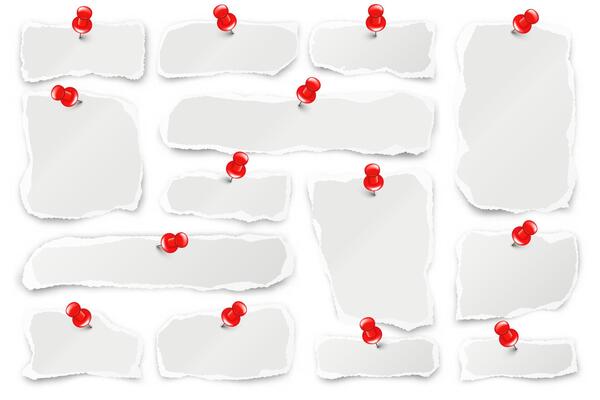 Ripped paper strips with red push pins. Realistic crumpled paper scraps with torn edges. Shreds of notebook pages. illustration.