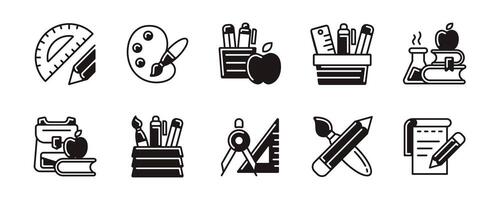 education supply school stationery icon set student equipment back to school element contains pen, crayons, ruler, pencil, book, notebook, backpack, compass signs illustration vector