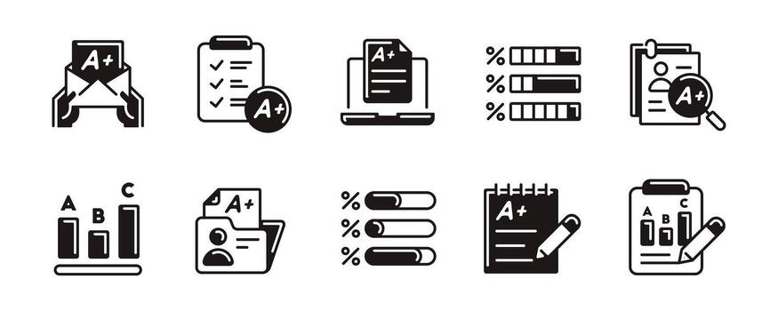 exam grade quiz score result icon set education test evaluation result signs unique style illustration for web and app vector