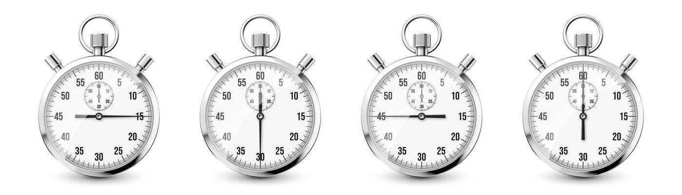 Realistic classic stopwatch icons. Shiny metal chronometer, time counter with dial. Countdown timer showing minutes and seconds. Time measurement for sport, start and finish. illustration