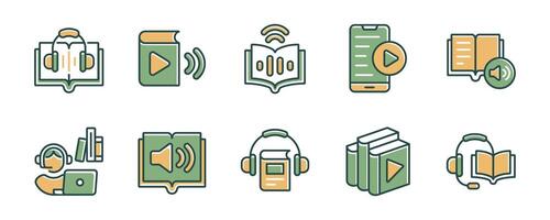 education audio book icon set speaker play online podcast sound course music media library signs illustration vector