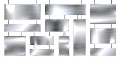 Metal banners hanging on a chain. Realistic shiny steel plate with screws. Polished silver metal surface. illustration vector