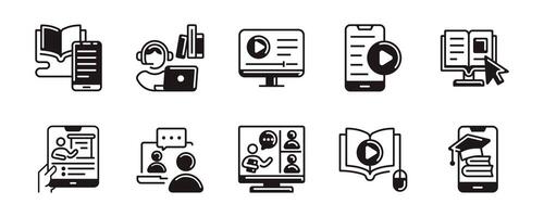seminar online course learning icon set education study book play presentation e-learning media conference signs line illustration for web and app vector
