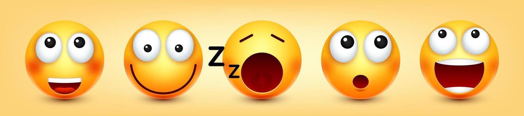 Cartoon emoji, emoticons collection. Yellow face with emotions, mood. Facial expression, realistic emoji. Sad, happy, angry faces. Funny character with smiling face. illustration
