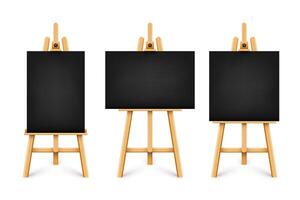 Realistic paint desk with blank black canvas. Wooden easel and a sheet of drawing paper. Presentation board on a tripod. Artwork mockup, template. illustration vector