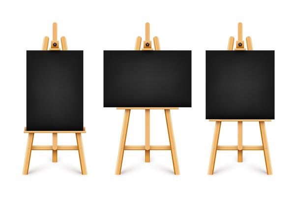 Realistic paint desk with blank black canvas. Wooden easel and a sheet of drawing paper. Presentation board on a tripod. Artwork mockup, template. illustration