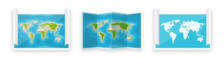 Folded world maps in a flat style. Simplified paper map with shadow. Navigation, route and road trip planning. illustration. vector