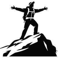A silhouette of a hiker with a backpack standing on top of a mountain with outstretched arms high up vector