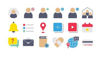 Icon set include Profile, Family Center, Notification, Location, Question and Answer, and more. Perfect for Presentation, Website, Apps Etc. Icon Flat Style vector