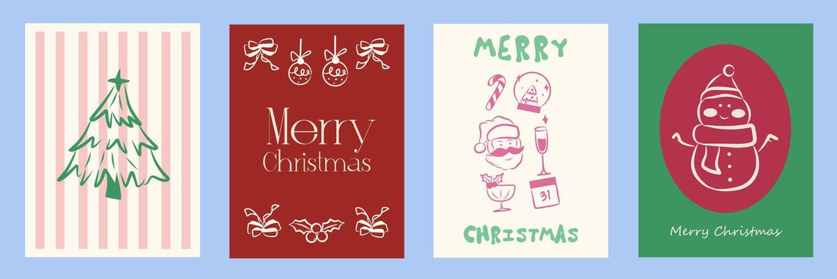 Hand drawn whimsical Christmas doodles. Simple illustration cards, christmas tree icon, bows and santa. Minimalist winter line art. Illustration for invitations, stationery, printables, social media.