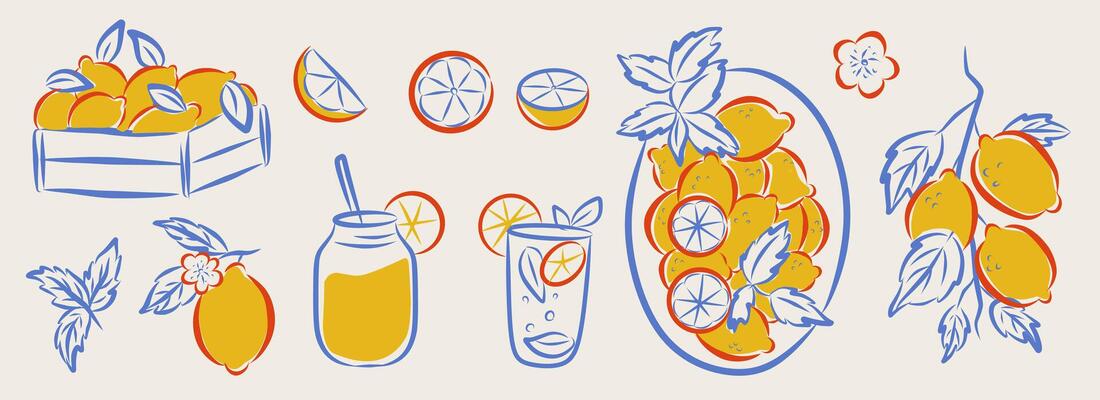 Hand drawn sketch style citrus fruits set. cute elegant doodle line illustration of lemons, cocktail glass and lemon tree for background, wall art, card, frame, invitation or poster, packaging.