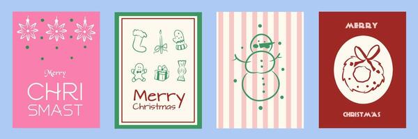 Hand drawn whimsical Christmas doodles. Simple illustration cards, snowman icon, candle candy and gift. Minimalist winter line art. Illustration for invitations, stationery, printables, social media. vector