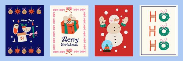 Merry Christmas and Happy New Year decoration. Set of cute illustrations for background, poster, greeting card, party invitation card, website banner, social media banner, marketing material, label. vector