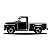 An old truck is shown in black and white vector