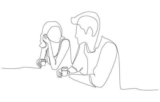 Continuous one line drawing of man and woman sitting at bar counter and drinking together, flirting at bar, building relationship in pub concept, single line art vector