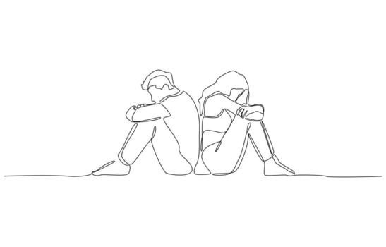 Continuous one line drawing of couples in depression sitting with their backs to each other, conflict and disconnection in a relationship concept, single line art vector