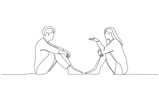 Continuous one line drawing of couple sitting face to face and talking to understand each other, conflict resolution and openness in relationship concept, single line art vector