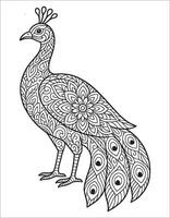 Peacock mandala coloring page for adults. Animal mandala coloring page vector