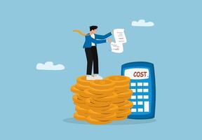 businessman on top of pile of coins with calculator and calculator vector