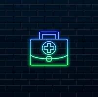 First aid kit flat style design illustration. neon style. medical bag box icon medical health suitcase sign with a red cross on it vector