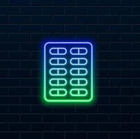 Icon of medicine tablets, capsules.neon style. illustration of a well-being symbol with antibiotics, painkillers. vector